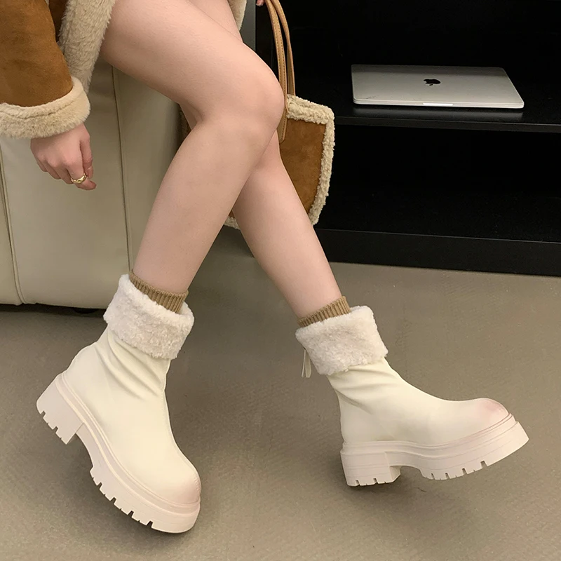 Winter Women Short Plush Warm Snow Boots Casual Shoes 2024 New Suede Fur Chelsea Ankle Boots Flats Platform Ladies Shoes Botas