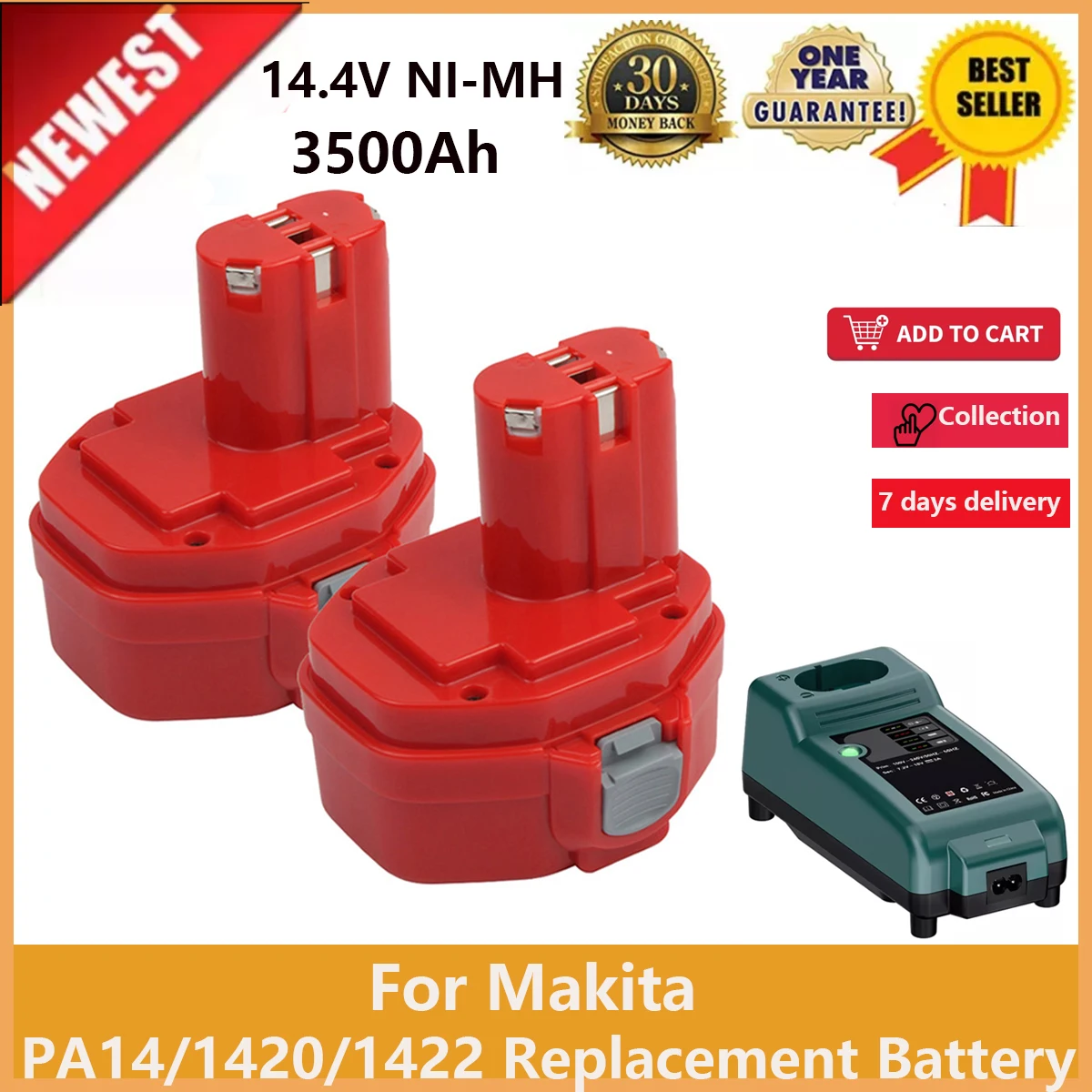 2x Makita PA14 / 1422 / 1433 / 1434 / 1435 accu's (14.4 V, 3.0