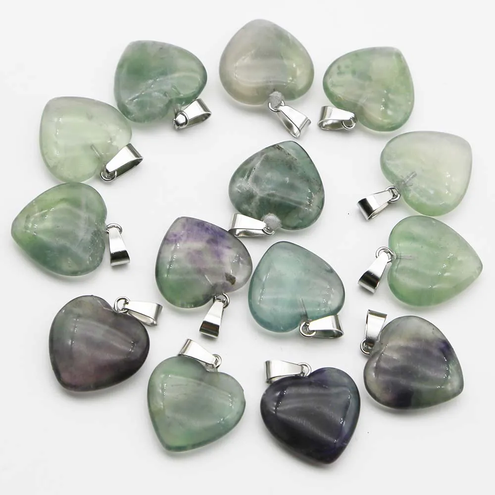 20MM High Quality Natural Stone Fluorite Heart Necklace Pendants Mineral Healing Charms Jewelry Gift Accessories Wholesale 30Pcs