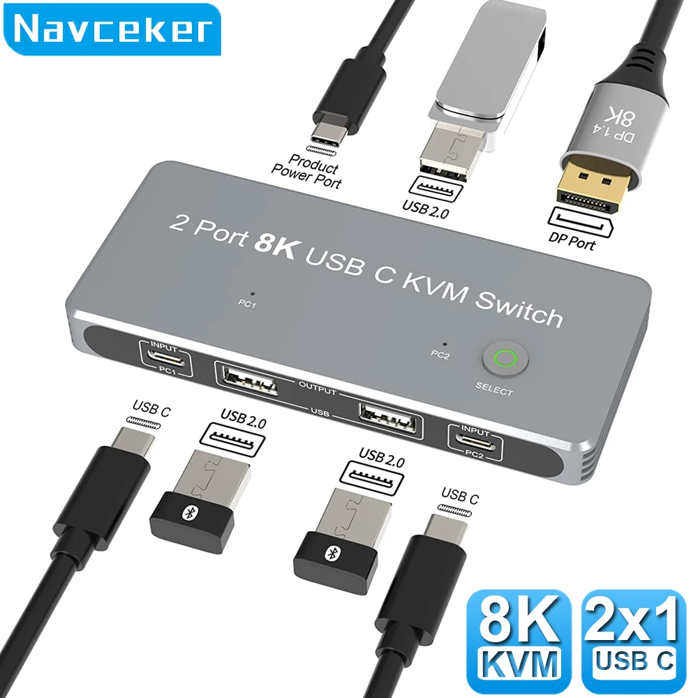 Navceker-썬더볼트 3 4 USB C KVM 스위치 4K 144Hz USB 2.0 KVM 스위치, USB 8K 60Hz 1080 @ 165Hz 맥북 노트북용 USB KVM 스위처