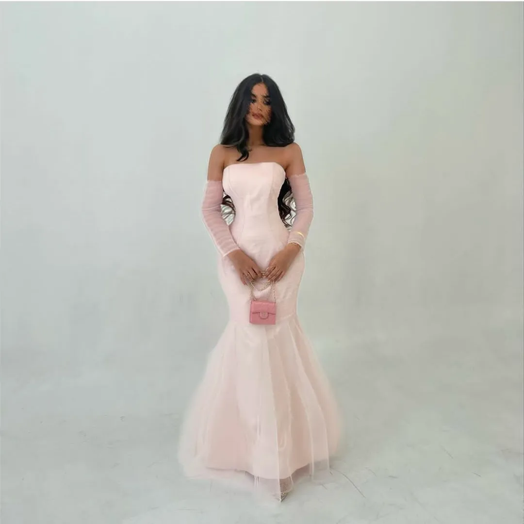 

Sexy Long Sleeve Pink Strapless Muslim Evening Dresses فساتين السهرة Mermaid Floor Length Prom Dress Robe de soirée for Women