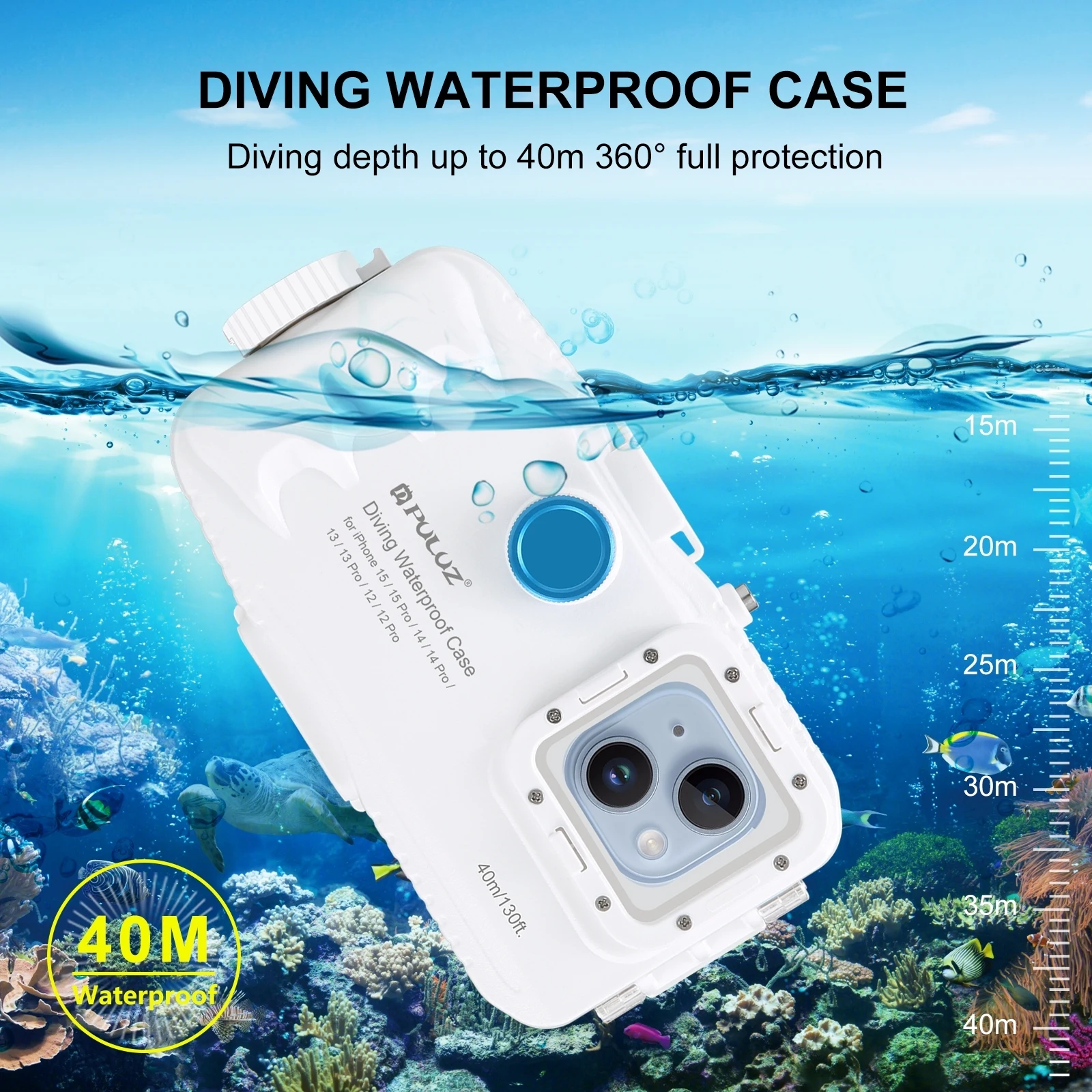 PULUZ 40m 130ft Waterproof Diving Case for iPhone 16 15 15 Pro 14 14 Pro 13 13 Pro Photo Video Taking Underwater Cover Case