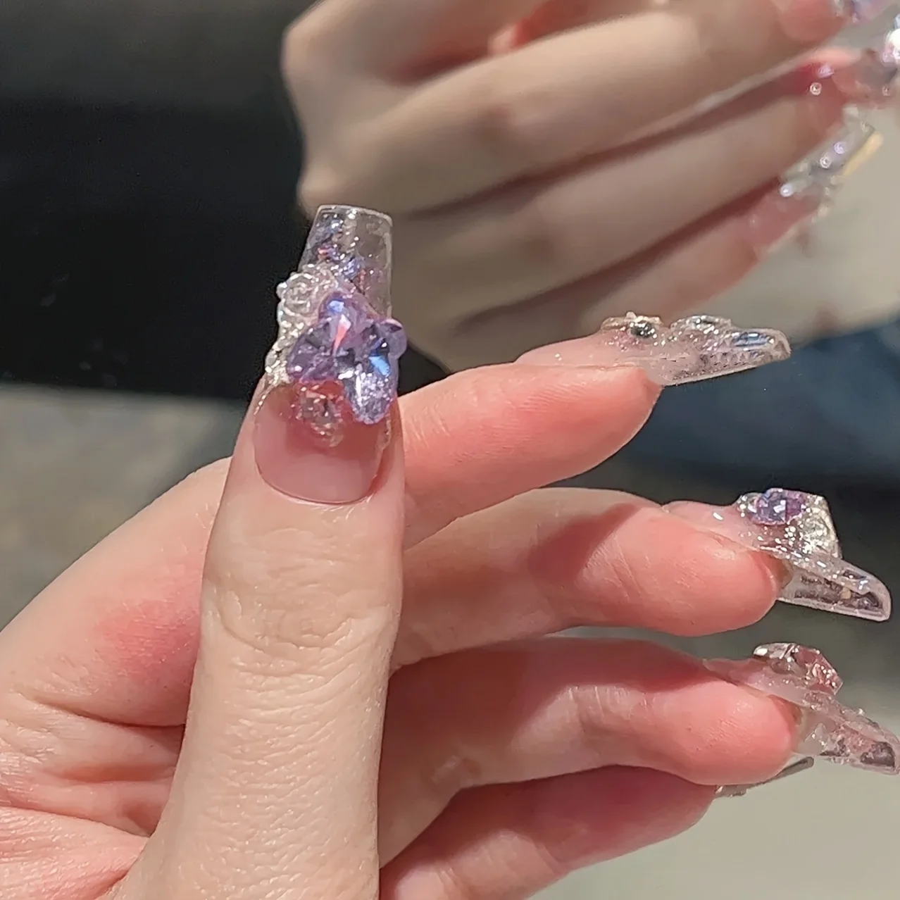 10-Piece Set, Handmade Press-On Nails With Fantasy And Sparkling Rhinestones Design, 3D Glitter Love Accents, Contrast Color,