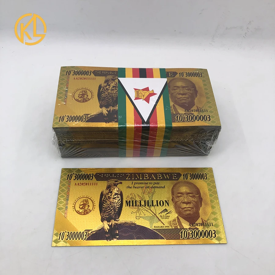 

100 pcs Золотая банкнота Зимбабве Millillion $30000003 ZEROS долларовые банкноты из золотой фольги банкнота для делового подарка