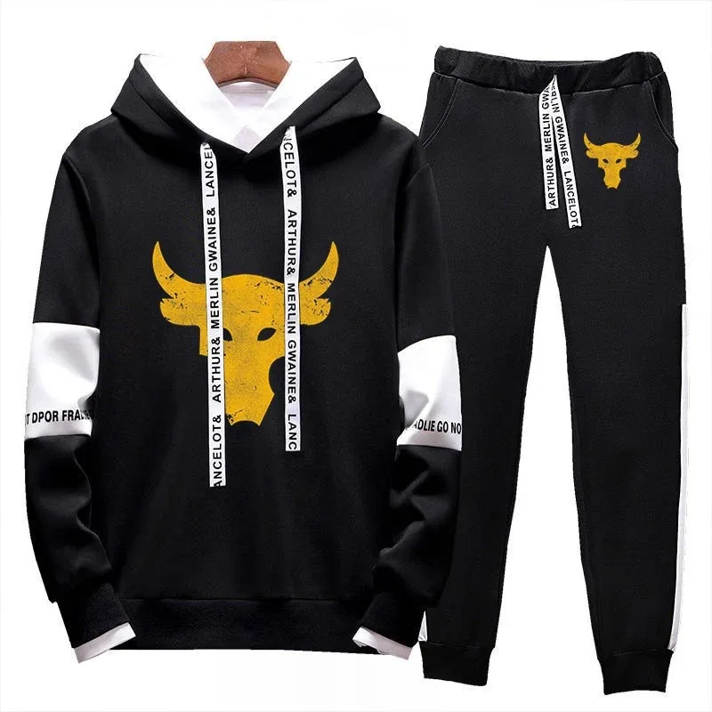 

2024 Spring Autumn Men's Dwayne Johnson Brahma Bull Tattoo Printed Casual Splicing Sleeve Hooded Pullover+Sweatpants Lace-Up Set