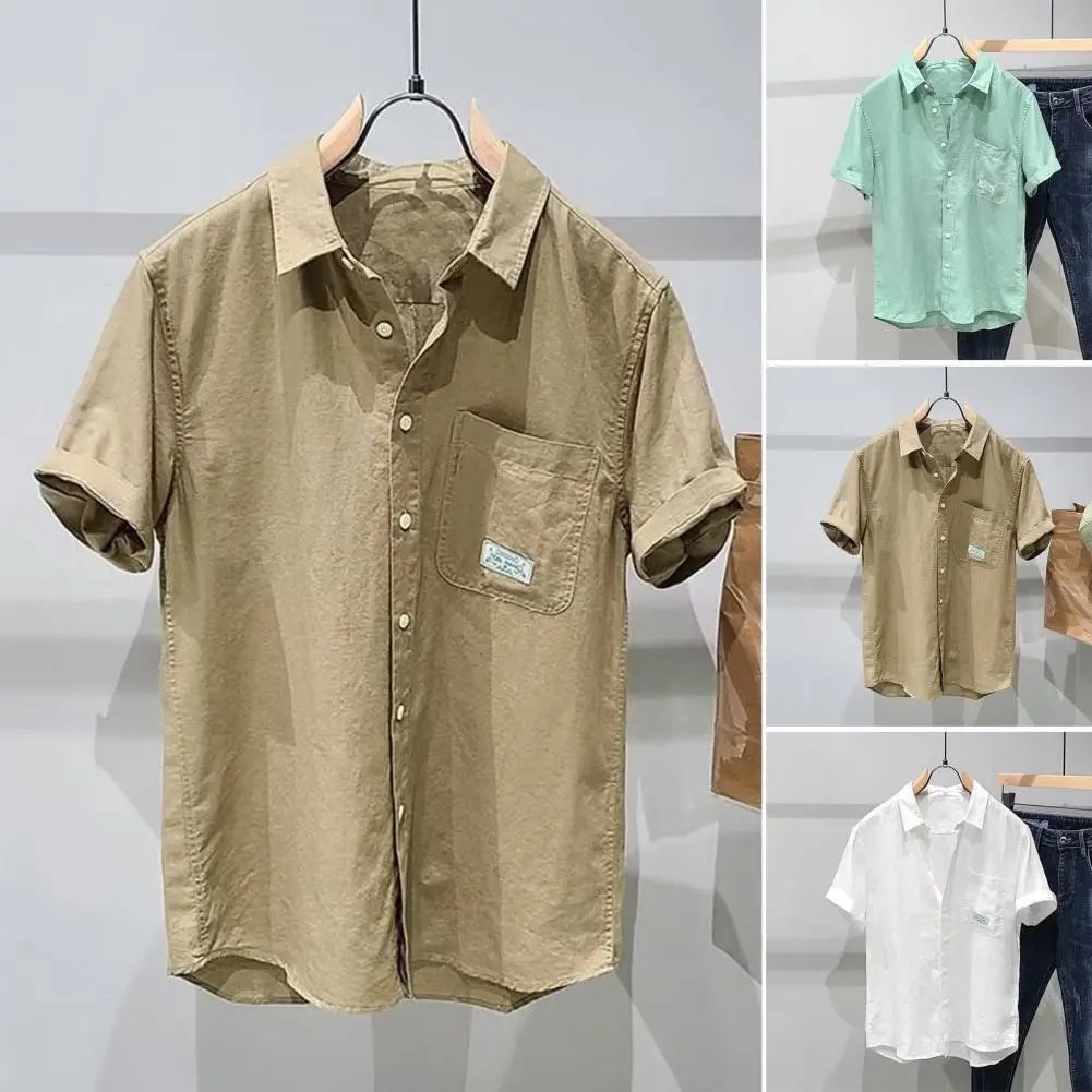 

Men Solid Color Shirt Men's Mid-length Cardigan with Chest Pocket Turn-down Collar Solid Color Loose Fit Summer Shirt for Wear