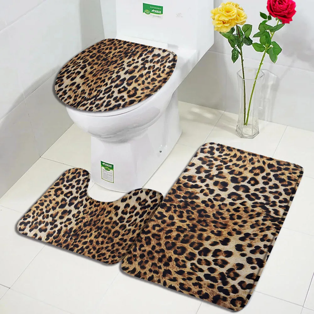 Hnědá levhart skvrnitý tisk koupat rohož sada móda divoký živočich kožich střih moderní koupelna dekorace protiskluzový kobereček wc kryt obal domácí koberec