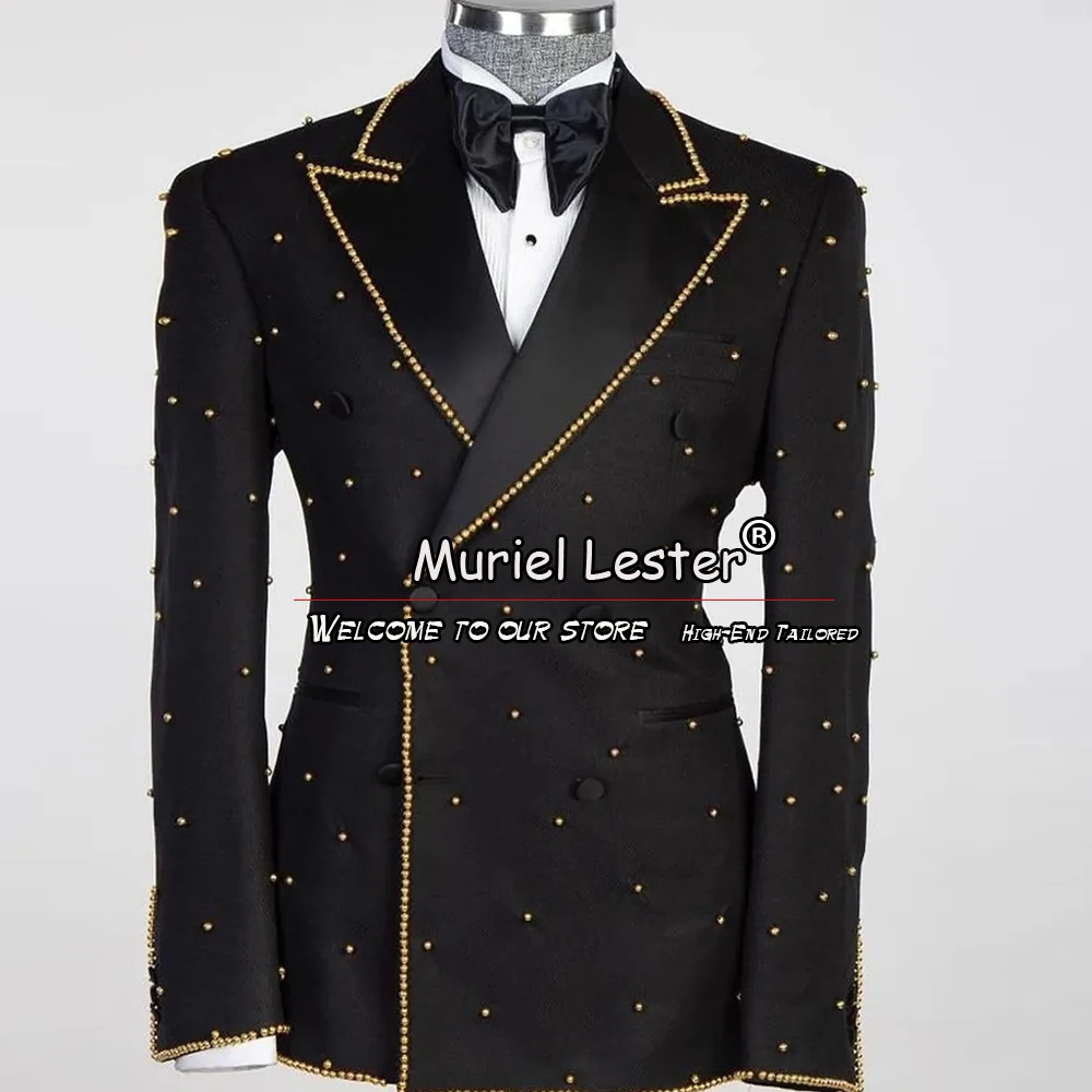 Costume de Mariage pour Homme, Blazer avec Perles Dorées, sur Mesure, Veste à Double Boutonnage, Pantalon, Smoking, Robe de Bal, 2 Pièces