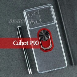 Cubot P90 6.88 Back Ring Holder Bracket Phone Case - TPU Soft Silicone Cover for Case & Holder (Transparent C Red)