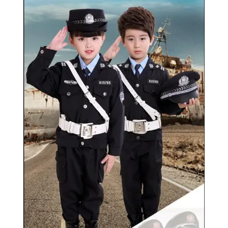 Police Uniform Boy Performance Clothing Include Jacket Pant Belt Hat Traffic Cosplay Suit Spring