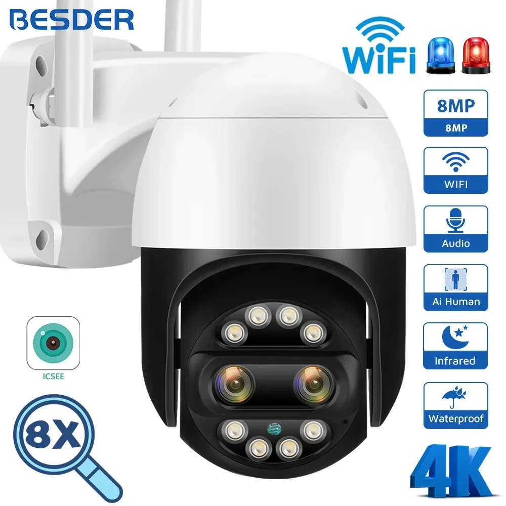 Telecamera Wifi Ptz Da 8Mp Visione Notturna A Doppio Obiettivo Rilevamento Umano Zoom Digitale 8X Telecamera Di Videosorveglianza Cctv Telecamera Ip D
