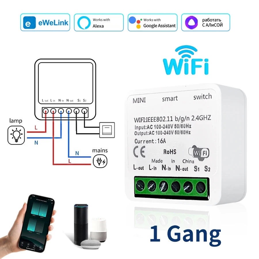 16A DIY Mini WiFi Smart Switch Timer Relais Lichtschalter eWeLink APP Fernbedienung Kompatibel mit Alexa Google Assistant
