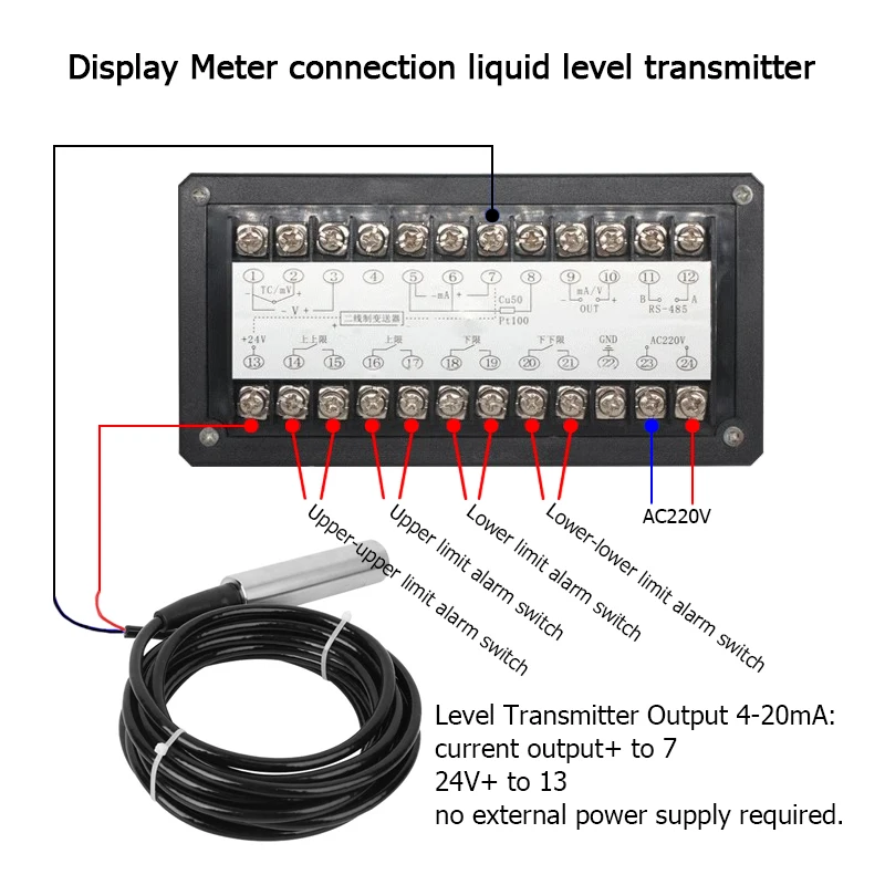 액체 레벨 표시기 측정 디스플레이 제어 기기, 4 방향 릴레이, 4-20mA RS485 출력, AC220V, DC24V 수위 컨트롤러