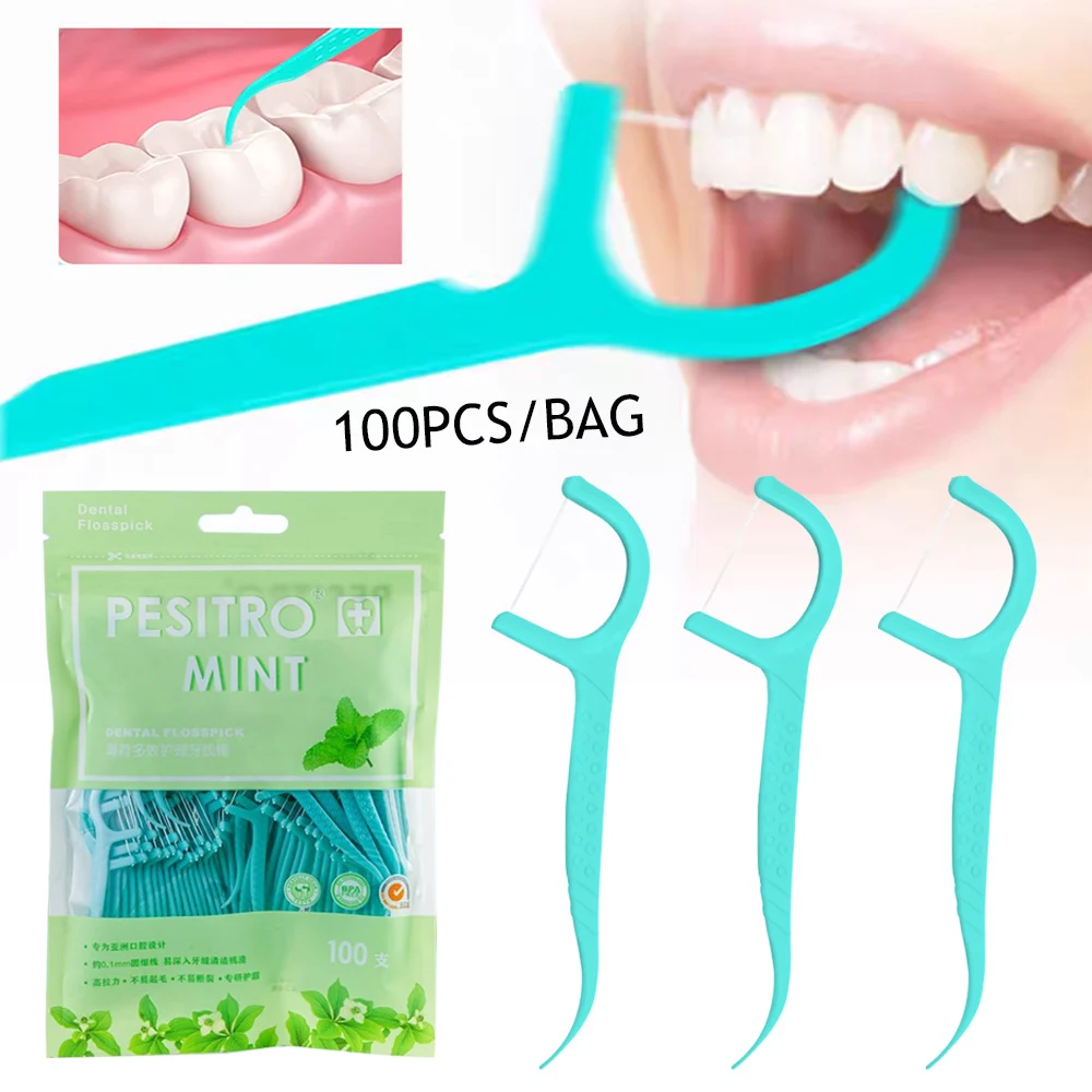 

100pc/pack Mint Flavored Floss Stick Portable Toothpick Teeth Picks Tooth Clean Stick Disposable Pocket Dental Floss Oral Care