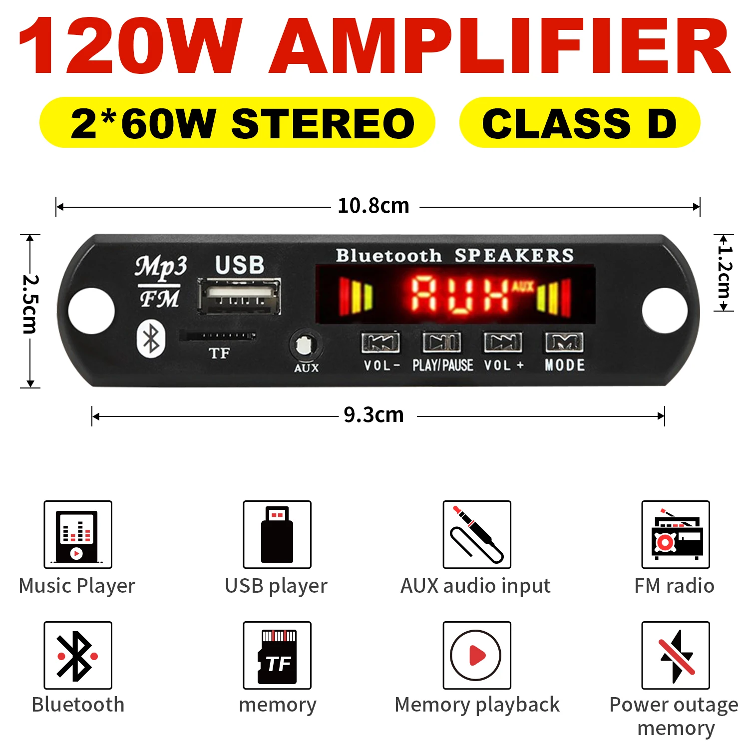 Carte décodeur sans fil pour voiture, amplificateur Bluetooth 5.0, bricolage MP3 WAV, DC 12V, lecteur MP3 USB, fente pour carte TF, USB FM avec micro, 60W, 50W