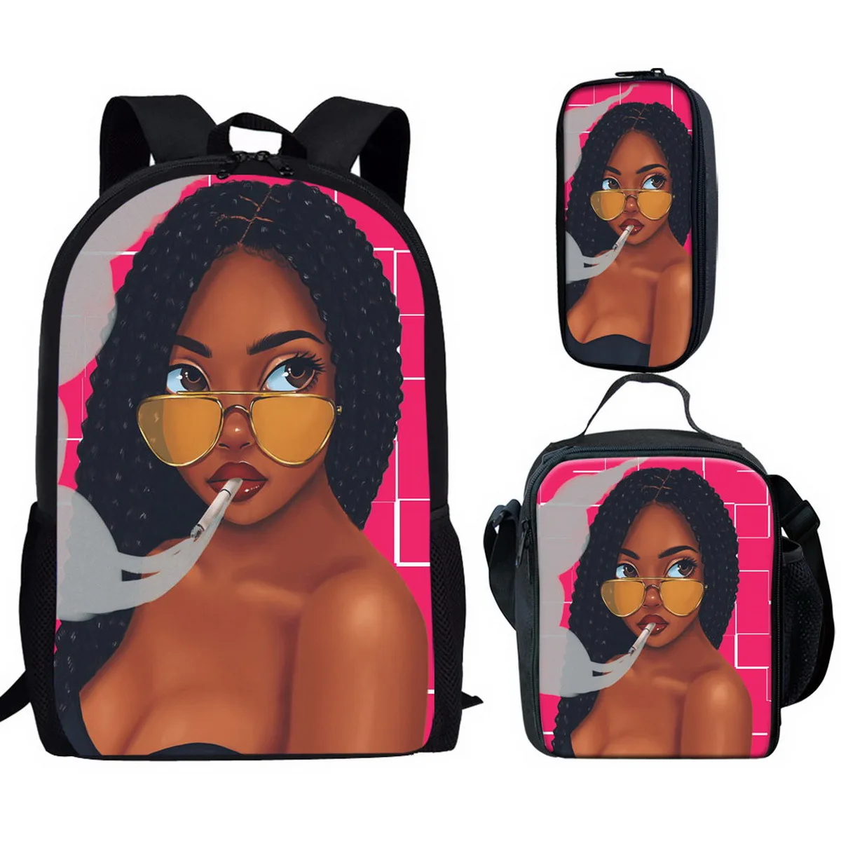 

Hip Hop Youthful African girl 3D Print 3pcs/Set Student Travel bags Laptop Daypack Backpack Lunch Bag Pencil Case