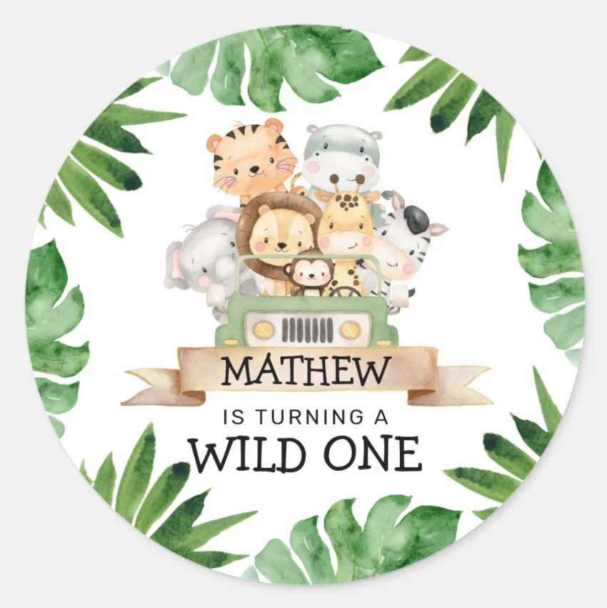 thumbnail image 1 of Animales de la jungla personalizados Texto personalizado Nombre personalizado Zoológico Cumpleaños Vida salvaje Zoológico Bebé Baño Fiesta Bautismo Etiqueta, 1 of 5