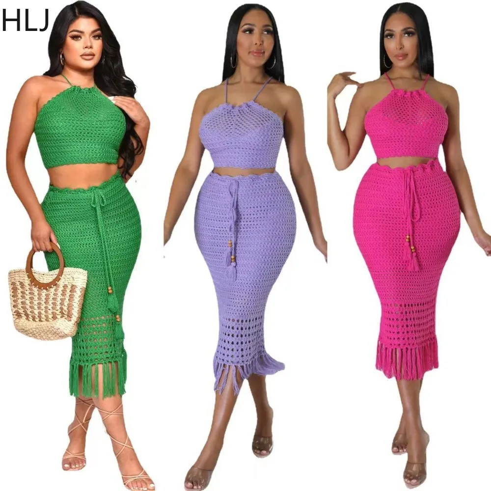 HLJ Spring Casual Solid Color Knitting Hollow Two Piece Sets Women Halter Sleeveless Crop Top And Tassels Skinny Skirts Outfits