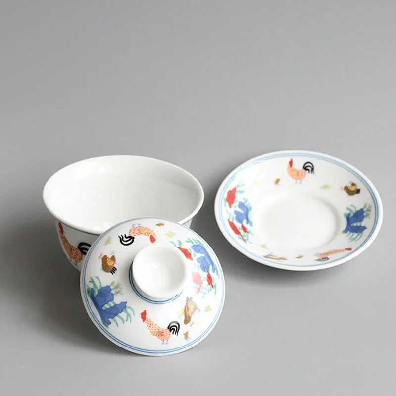 Jingdezhen-Chinese Teaset Archaistic Rooster GaiWan Ceramic Lid Bowl Coffee Cup and Saucer Set Tableware Teaware Teacups