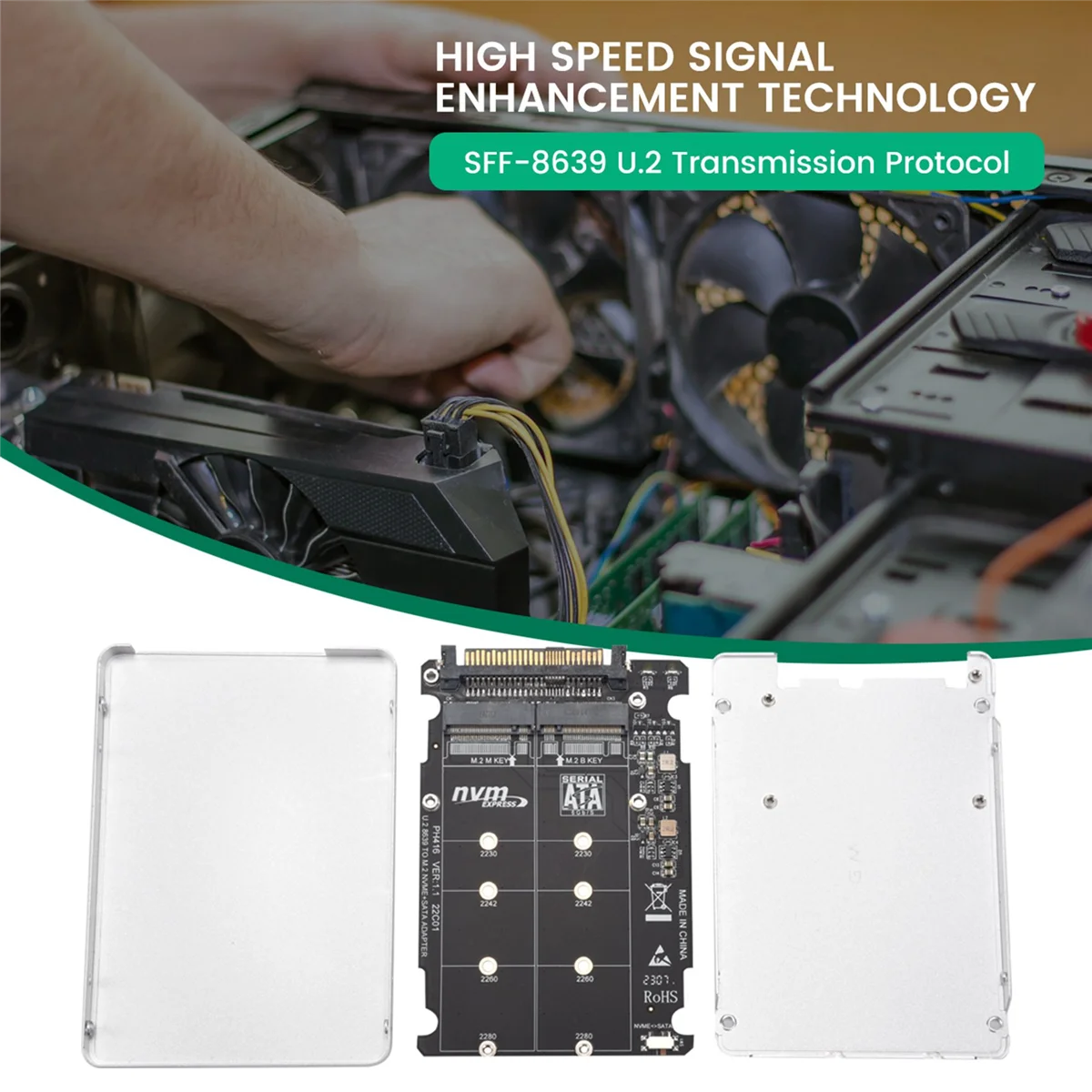 쉘 포함 M.2 SSD-U.2 어댑터, 2 인 1 M.2 NVMe 및 SATA-Bus NGFF SSD-PCI-E U.2 SFF-8639 어댑터, PCIe M2 컨버터