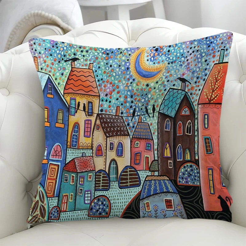 

Retro Rural Color Cities Decorative Cushions Bed Double-sided Printing Sofa Pillow Cover Couch Pillows Car Room Decor Children's