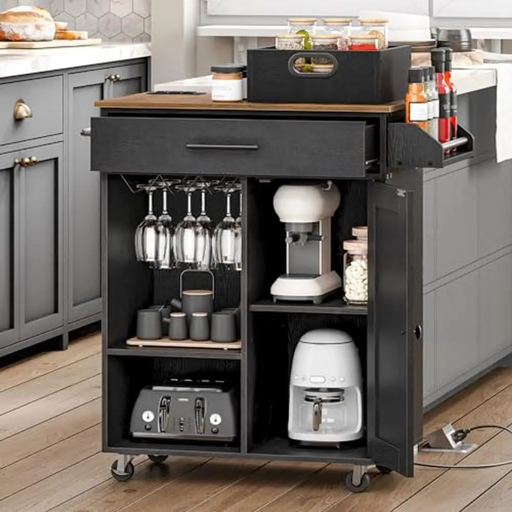Rolling Kitchen Island Cart with Power Outlet and Handy Socket Ample Storage Space and Wine Glass Rack Sturdy Structure kitchen storage cart