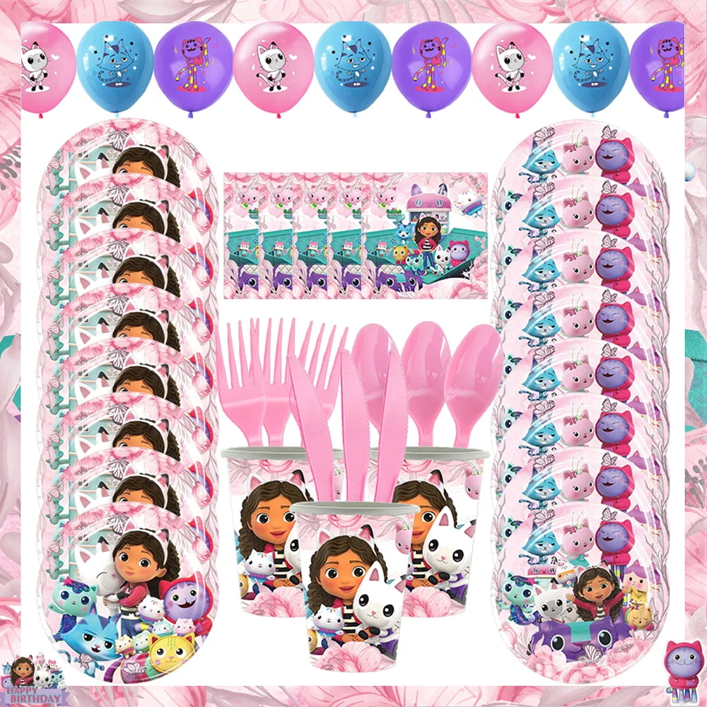 Gabby Dollhouse Birthday Party Decoration Pink Gabby Suger Cat Tazza Di Carta Piatto Tovaglioli Palloncino Sfondo Baby Shower Forniture Per Bambini