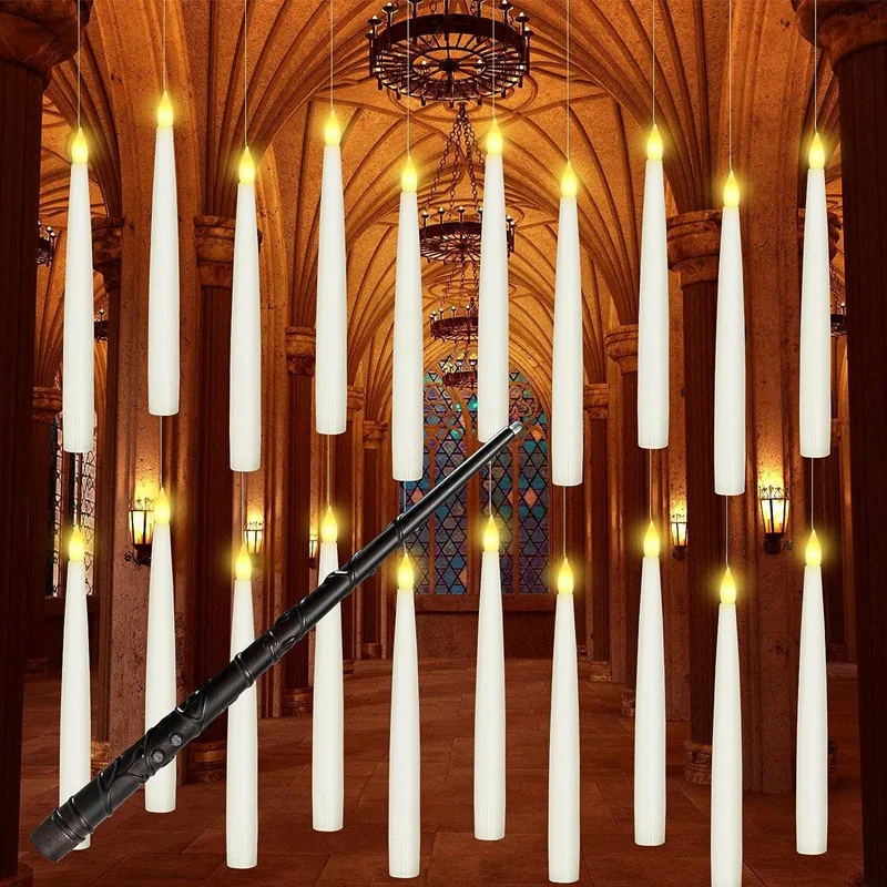 

20Pcs Flameless Taper Floating Candles With Magic Wand, LED Hanging Electric Candles For Christmas Halloween Decoration