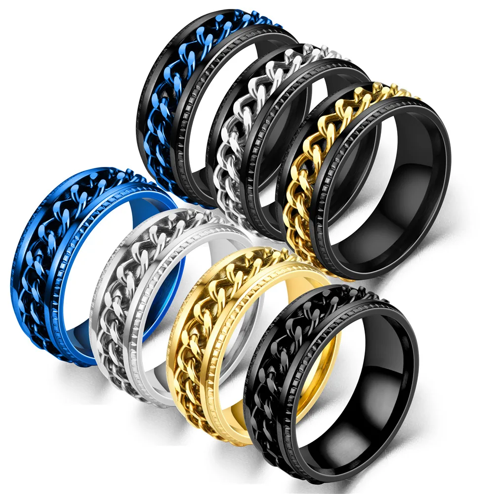 8mm Spinner Ring Men Women Stainless Steel Cuban Chain Spinner Fidget Band Release Anxiety Rings Jewelry