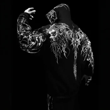 2025New American Style Men's Hooded Sweatshirt Trendy Brand Dark Style Sports Fitness High Street Autumn Winter Men's Sweatshirt