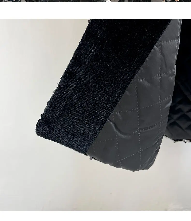 Black Sequined Thickened Women's Cotton Jacket 2025 New Winter Warm Elegant Fashionable Lapel High Quality Women Warm Coat H663