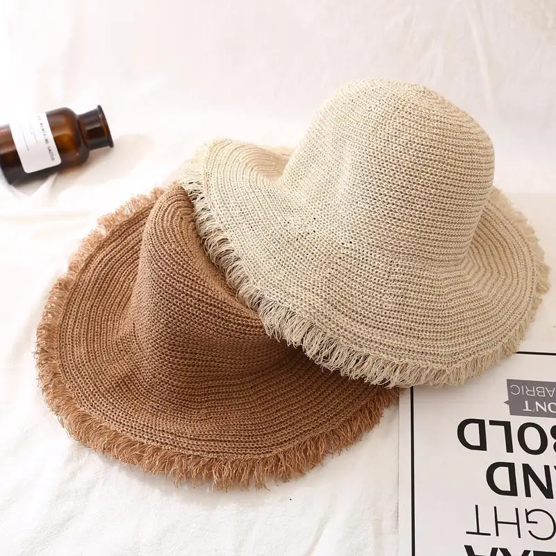 Fashion Women Panama Hats for Women Wide Large Brim Beach Sun Hats with Fashion Solid Visor Hat Straw Cap Female Bucket Hat