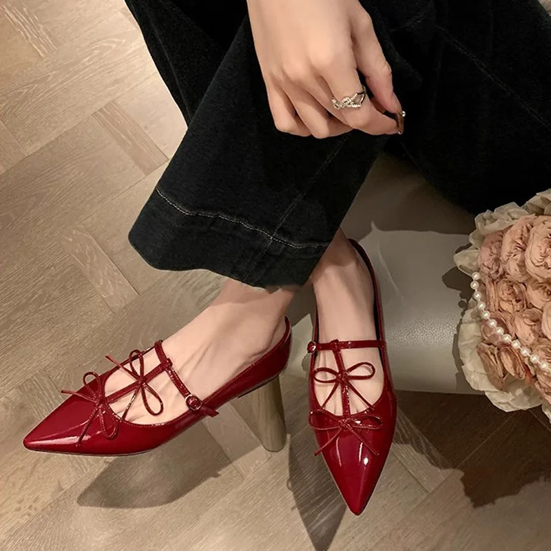 T-strap Pointed Toe Flats Shoes Women Bowtie Buckle Strap PU Leather  Elegant Red Mary Janes Shoes Ladies Party Black Pumps 2025 - AliExpress 322