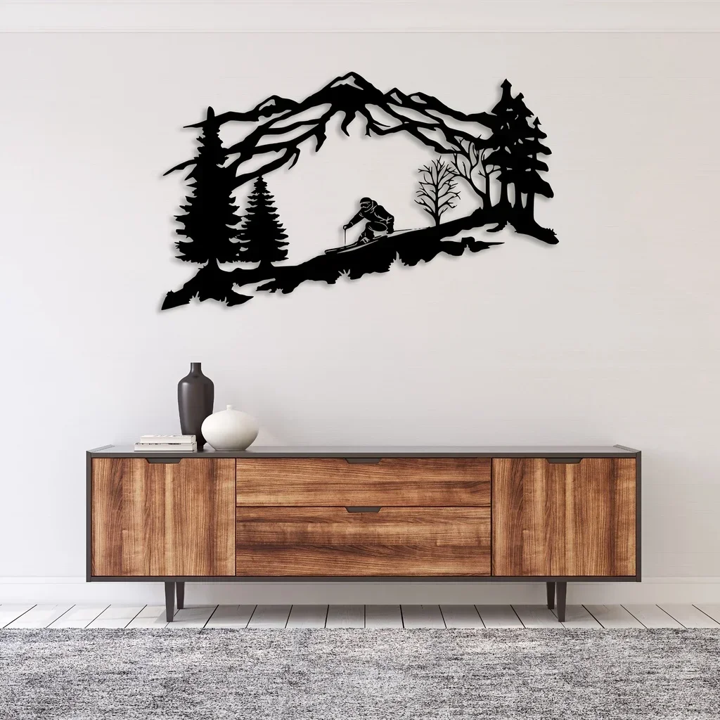 

metal iron Metal Skier Home Art Mountain Trees Themed Art Wall Decor Ski Lover Holiday Gift Home Metal Wall Hanging Restau