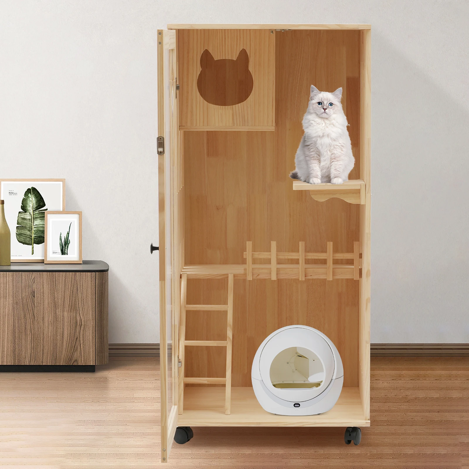 Large Wooden Cat House Luxury Multi-Feature Cat Condo Condo House with Scratching Posts Oversized Villa on Wheels