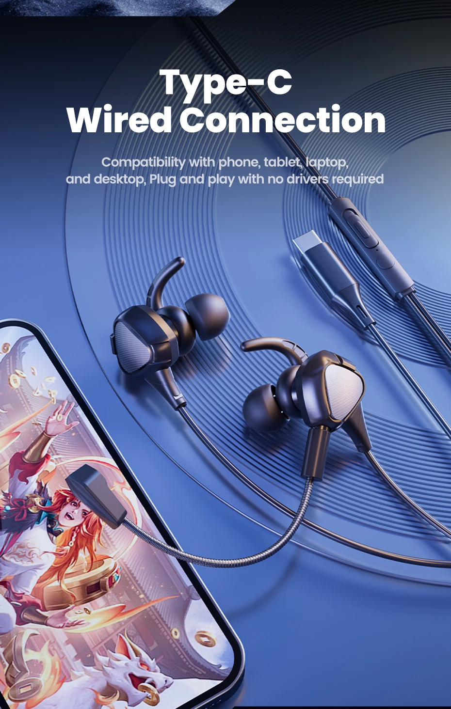 Auricolari cablati da gioco Toocki TE27 con microfono a barra staccabile HD, suono surround, cuffie con driver dinamico di grandi dimensioni per_voghion.com