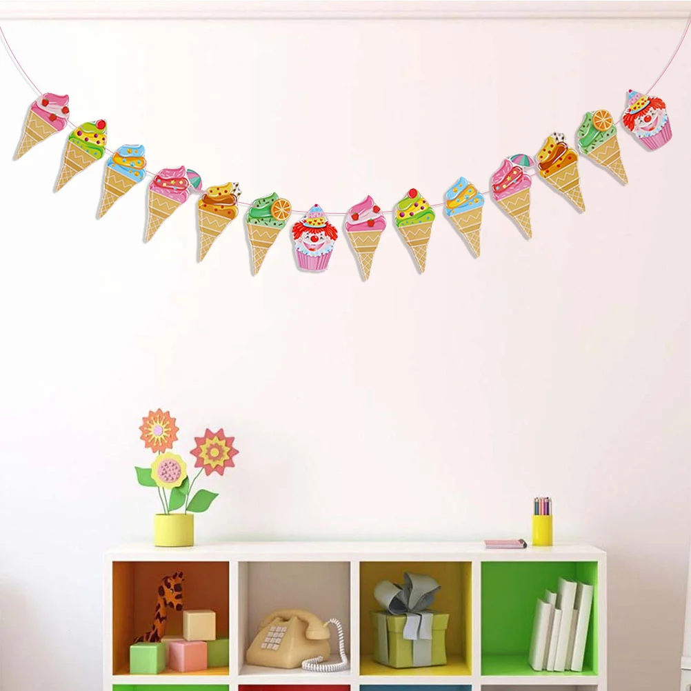 Colorful Ice Cream Shape Pull Flag Decorative Paper Banners Summer Theme Pull Garland Party Bunting for Party Carnival Banquet