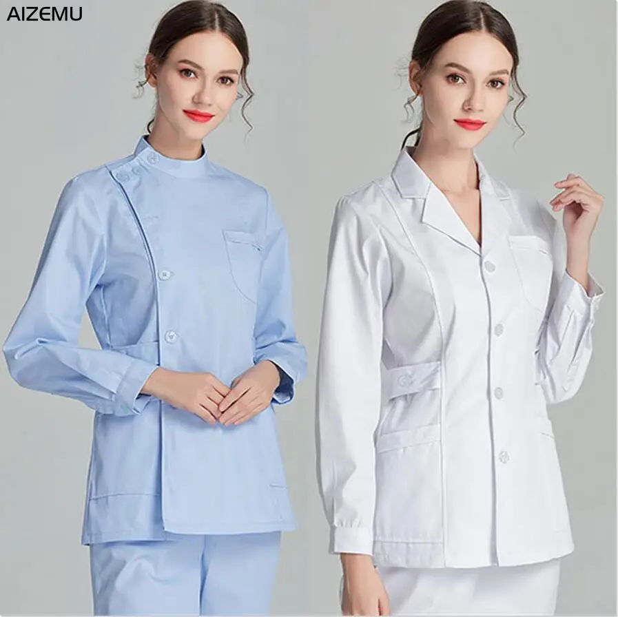 Blue Long Sleeve Scrubs Top Nurse Uniforms  Lab Coat Doctor Uniform for Women Outwear Medical Clothing Beauty Salon workwear