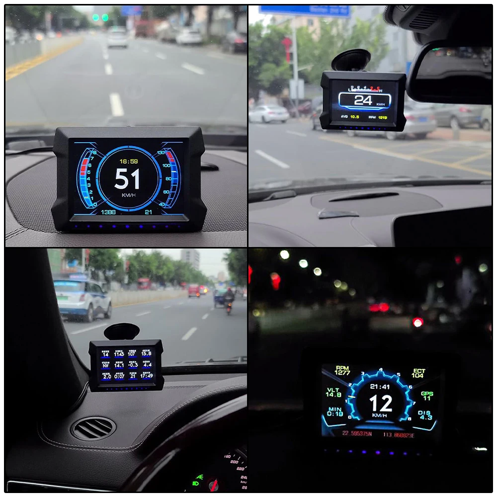 헤드업 디스플레이 속도계 자동차 전자 기기, P22 듀얼 시스템 HUD OBD2 GPS 경사 틸트 계량기, 과속 저전압 알람 포함