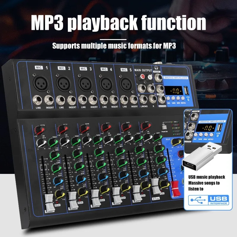 F4F7 오디오 믹서 - USB MP3, +48V 팬텀 파워, DJ, 노래, 회의용 3밴드 EQ 기능을 갖춘 4채널 믹서