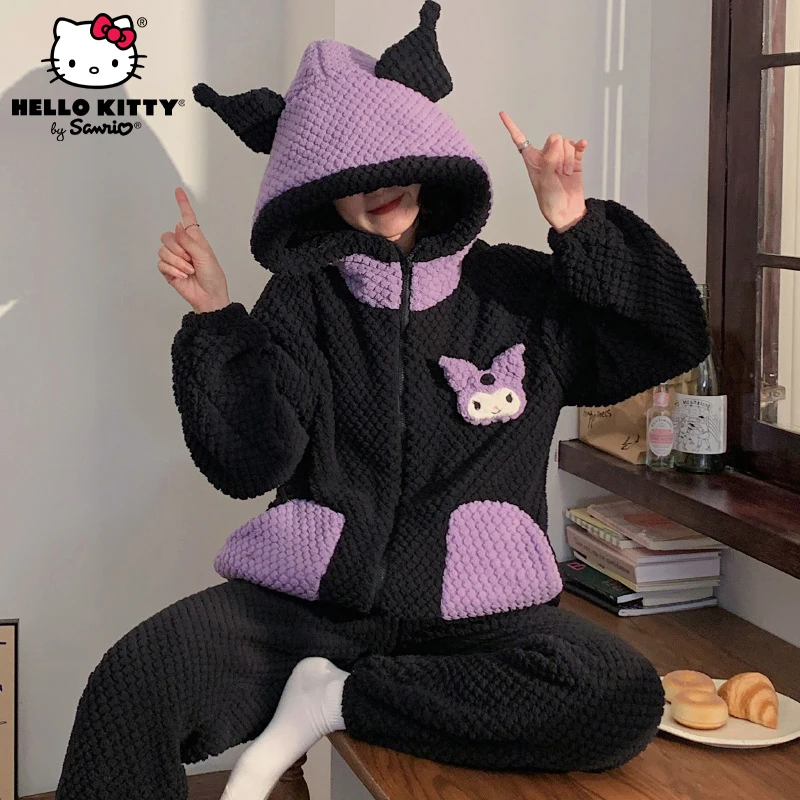 

Sanrio Cartoon Kuromi Pink Girly Heart Flannel Pajamas Set Autumn and Winter Plush Thickened Sweet Tracksuit Homewear Clothes