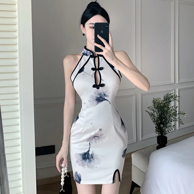 

Improved Chinese Style Dress Hollow Out Mandarin Collar Cheongsam Satin Qipao Women Sexy Mini Vestidos Print Cheongsams