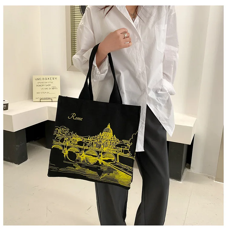 Women Canvas Shoulder Bag Rome Italy Print Shopping Bags Students Books Bags Female Cloth Handbags Thick Cotton Tote For Shopper