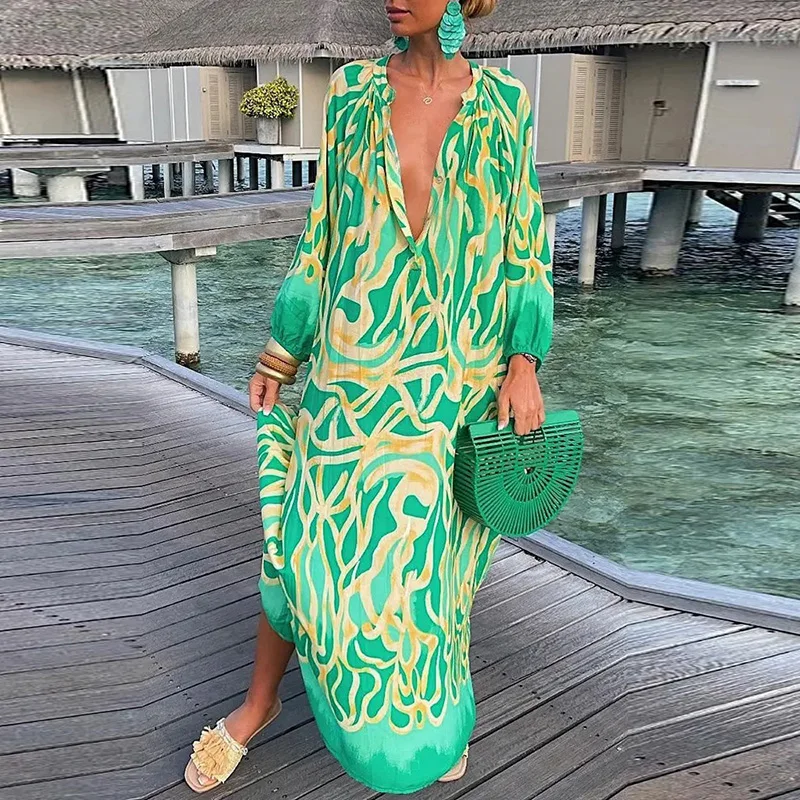 Fashion Maxi Dresses For Women V Neck Long Sleeve Party Dress Boho Vintage Print Long Dress Plus Size Loose Casual Vesitdos