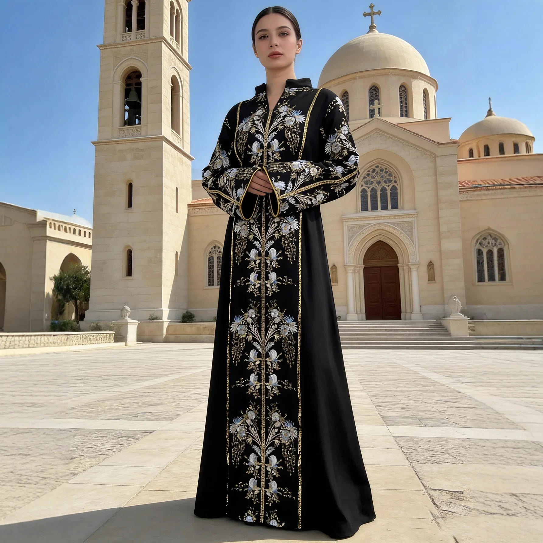 جلابية أخضر زيتي بتطريز زهري فاخر