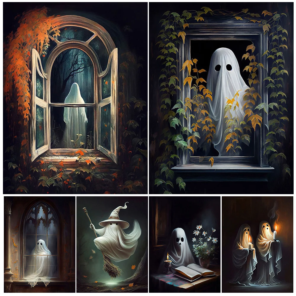 

Victorian Gothic Red Ghost And Reading Lover Ghost Vintage Wall Art Print Ghost In Gothic Window At Night,Art Poster Print Decor