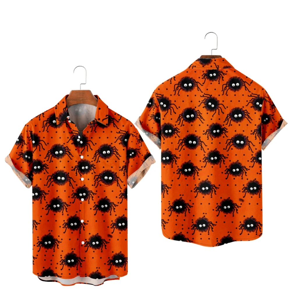 Halloween Shirts for Men Pumpkin And Ghost Patchwork Design Shirts Short Sleeve Summer Beach Vacation Tops Breathable