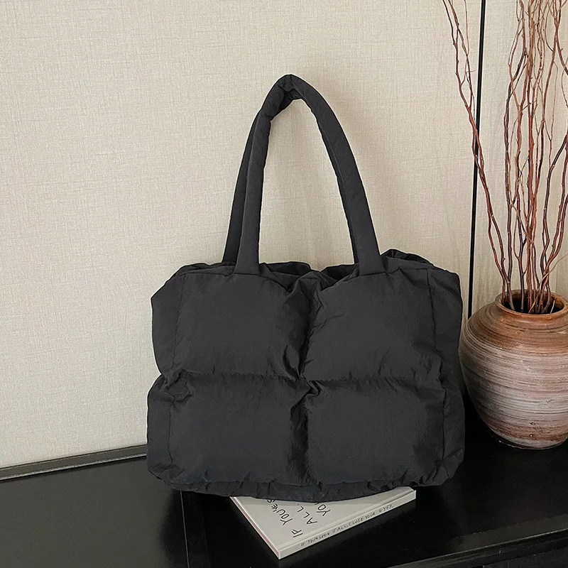 Fresh Arrival Down Filled Cotton Women's Handbag Minimalist Cotton Padded Sky Tote Soft Checkered Single Shoulder Bag