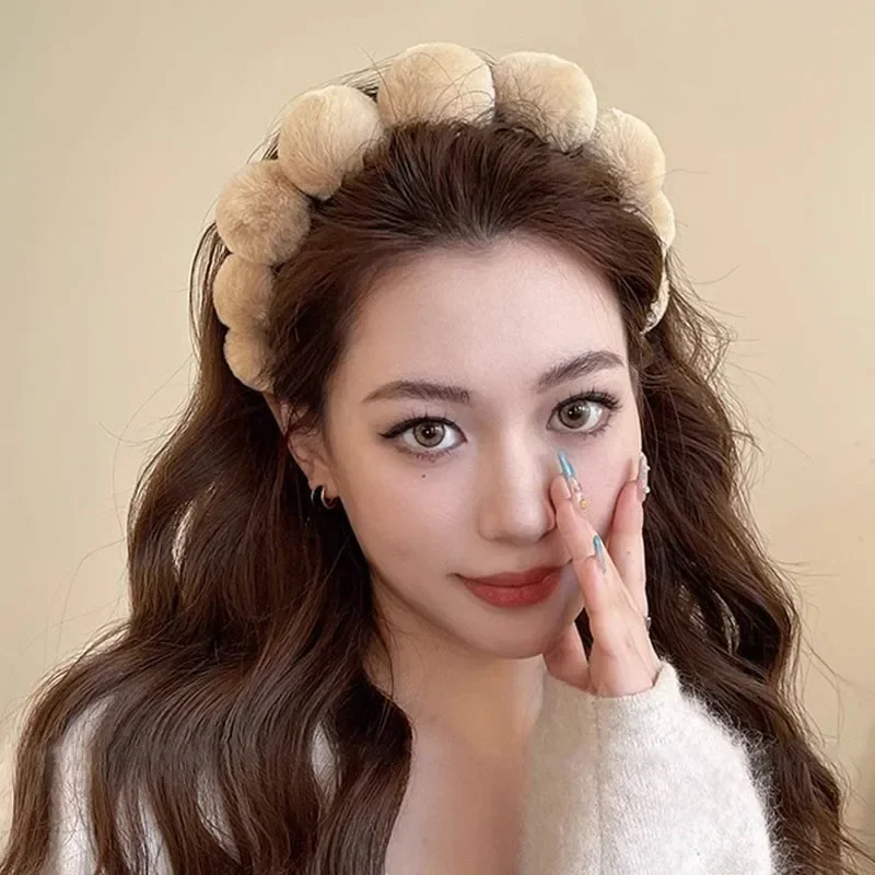 

Retro Large Hair Ball Hairbands Plush Headband Head Hoop Bezel Soft Handmade Hair Band Women Girls Washing Face Hair Accessories