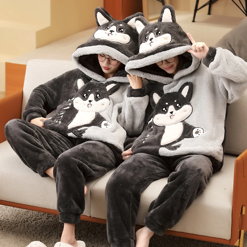 Anime Cat Winter Couple Pajamas Set Thicken Women Men Pajama Sleepwear Cartoon Soft Warm Lovers Adult Homewear Hoodies Pyjamas
